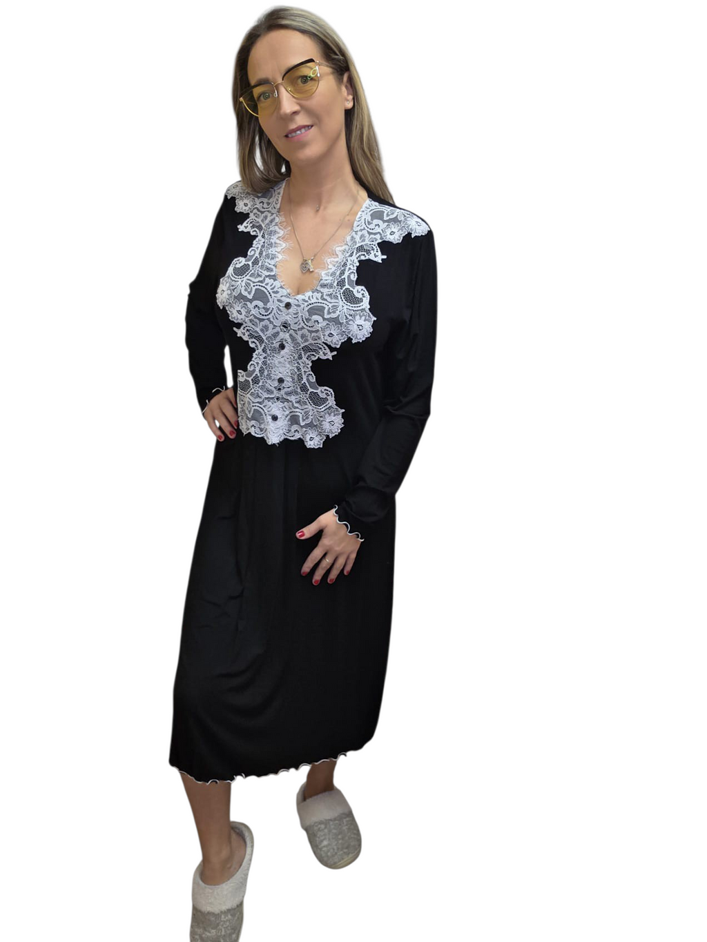 CAMICIA NOTTE CON PIZZO DAVANTI