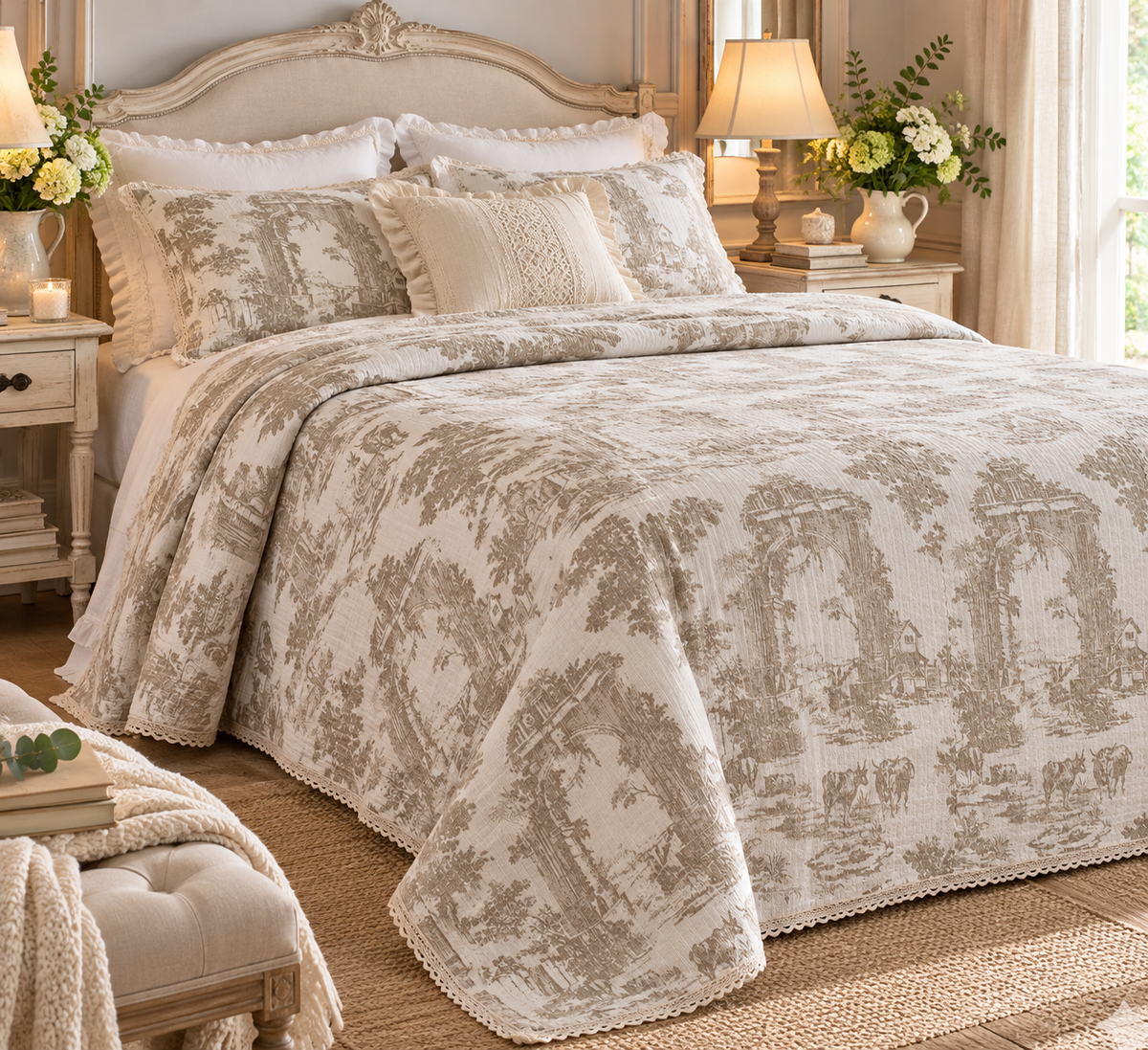 TOILE DE JOUY PRINT HONEYCOMB BEDSPREAD - BLANC MARICLO'