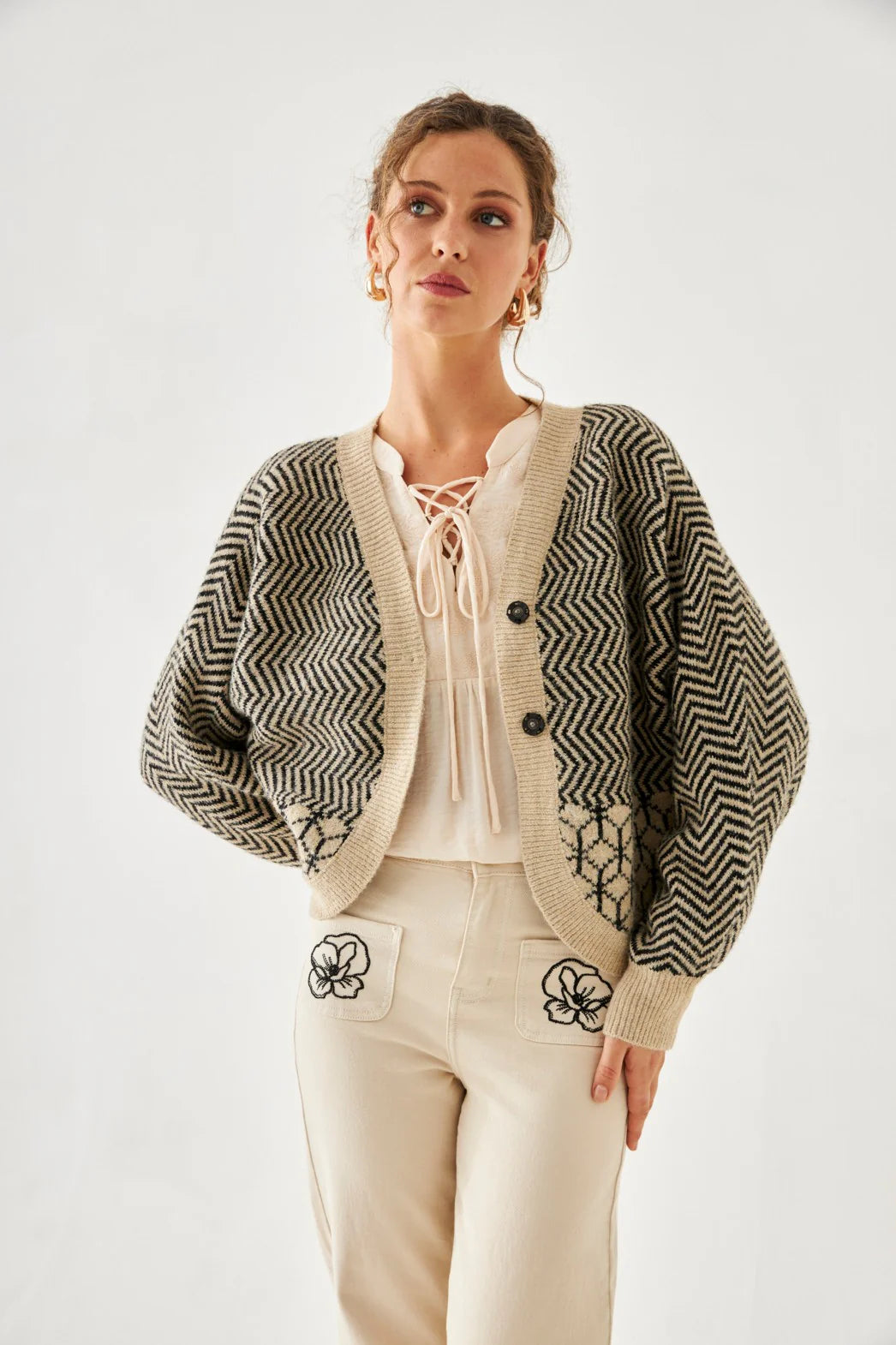 CARDIGAN GEOMETRICO JACQUARD  -  NUD