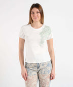 T-SHIRT CON INSERTO RICAMATO E PERLINE VERDI - AMOSA