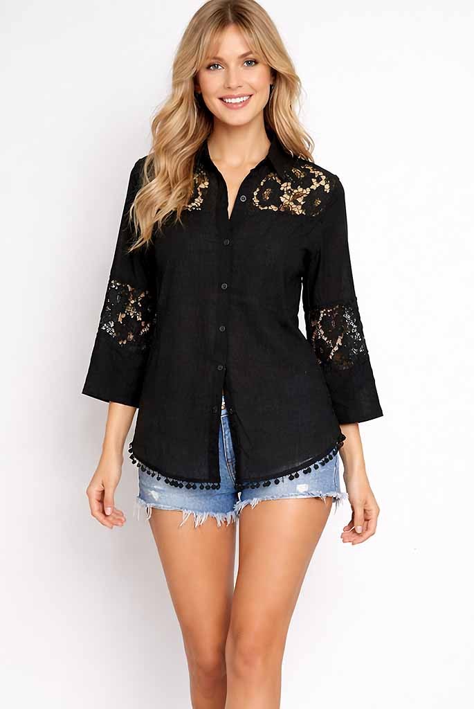 CAMICIA COTONE MANICA TRE QUARTI RICAMATA - POSITANO