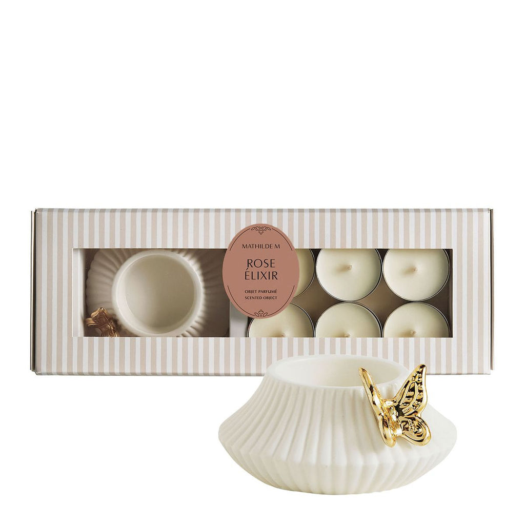 SET PORTACANDELE A FARFALLE E 6 CANDELLE PROFUMATE ROSE ELIXIR - MATHILDE