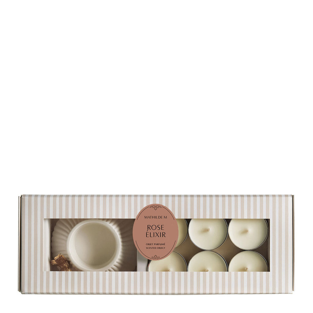 SET PORTACANDELE A FARFALLE E 6 CANDELLE PROFUMATE ROSE ELIXIR - MATHILDE